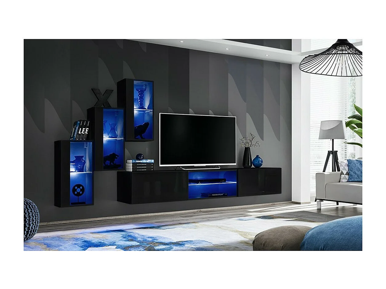 Set woonkamermeubels SWITCH XXII – LED – Hoogglans Zwart – Hangend design