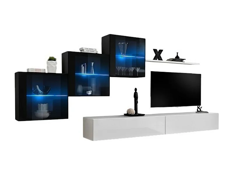 Set mobili soggiorno SWITCH XX - Bianco e nero lucido - Mobile TV e contenitori sospesi design