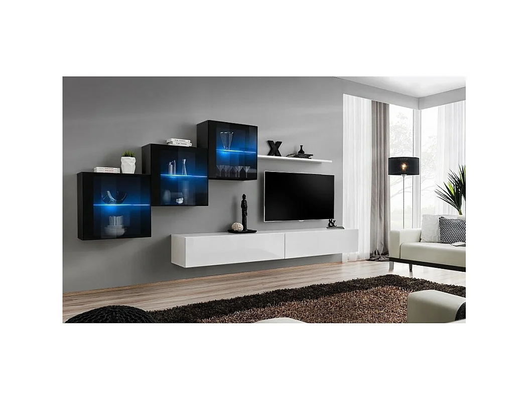 Set mobili soggiorno SWITCH XX - Bianco e nero lucido - Mobile TV e contenitori sospesi design