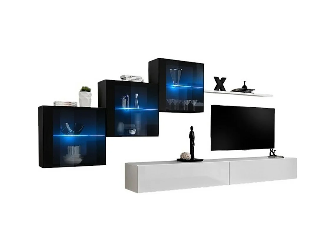 Ensemble meubles salon SWITCH XX – Blanc et noir brillant – Meuble TV et rangements suspendus design