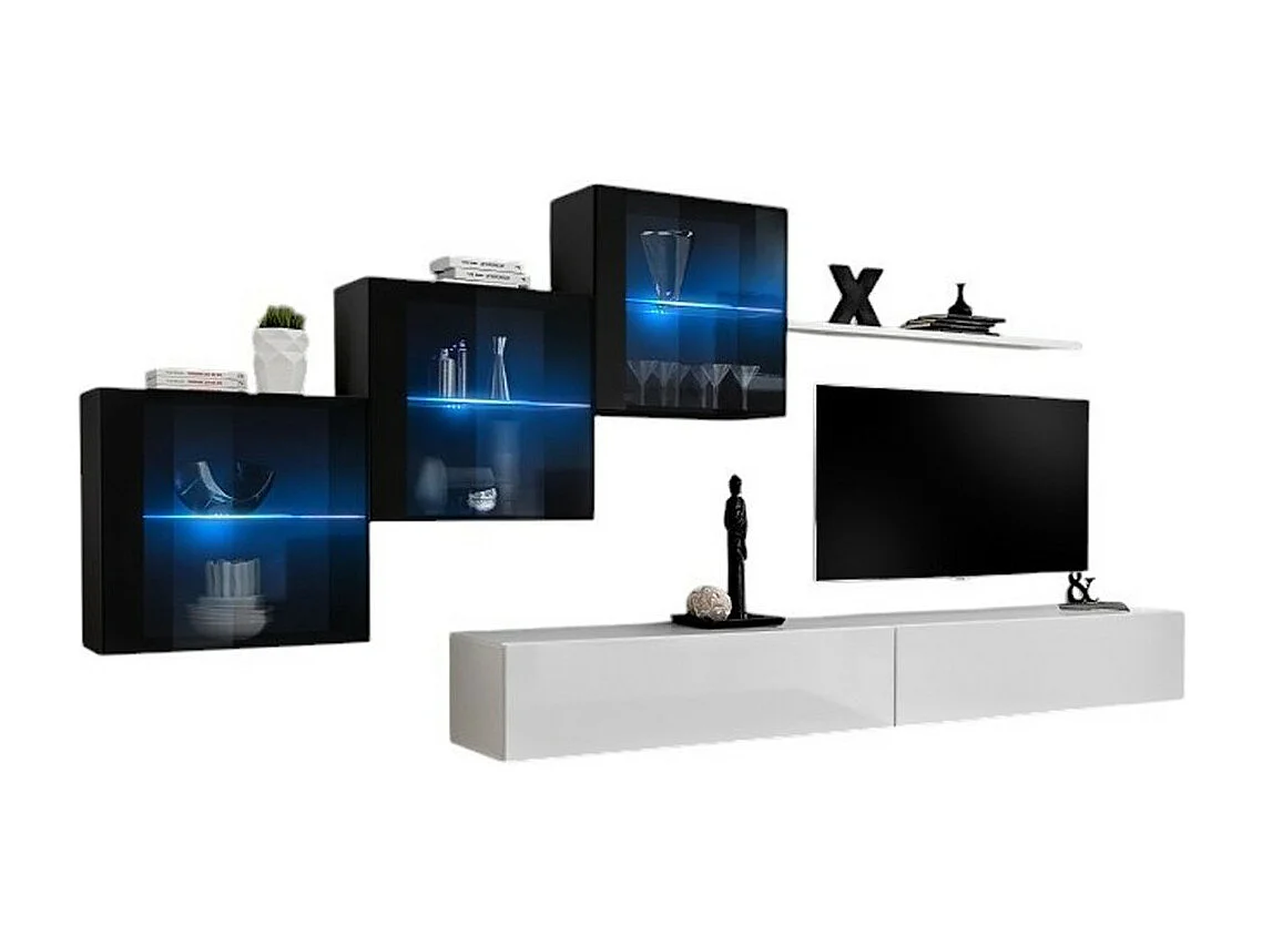 Ensemble meubles salon SWITCH XX – Blanc et noir brillant – Meuble TV et rangements suspendus design