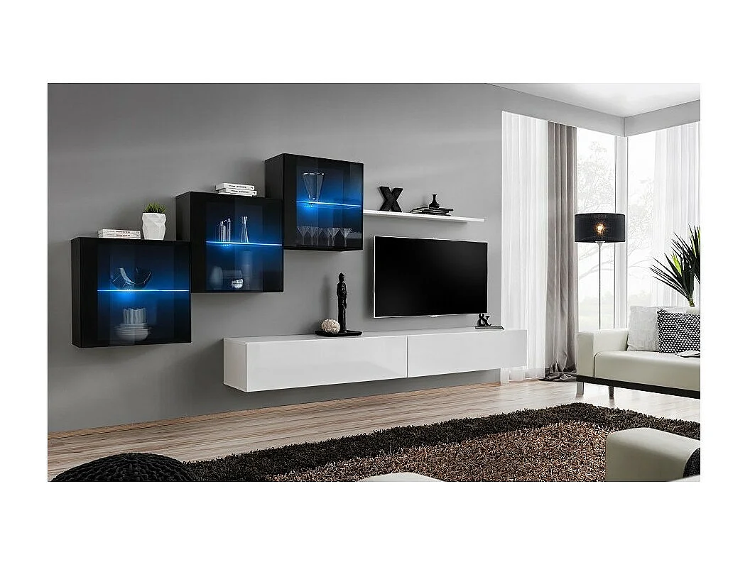 Ensemble meubles salon SWITCH XX – Blanc et noir brillant – Meuble TV et rangements suspendus design