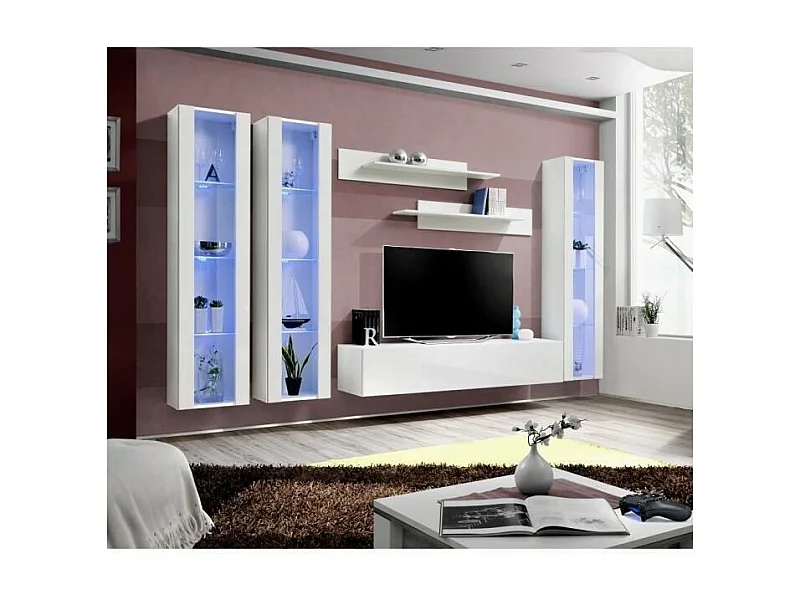 Meuble TV FLY C2 design, coloris blanc brillant. Meuble suspendu moderne et tendance pour votre salon.