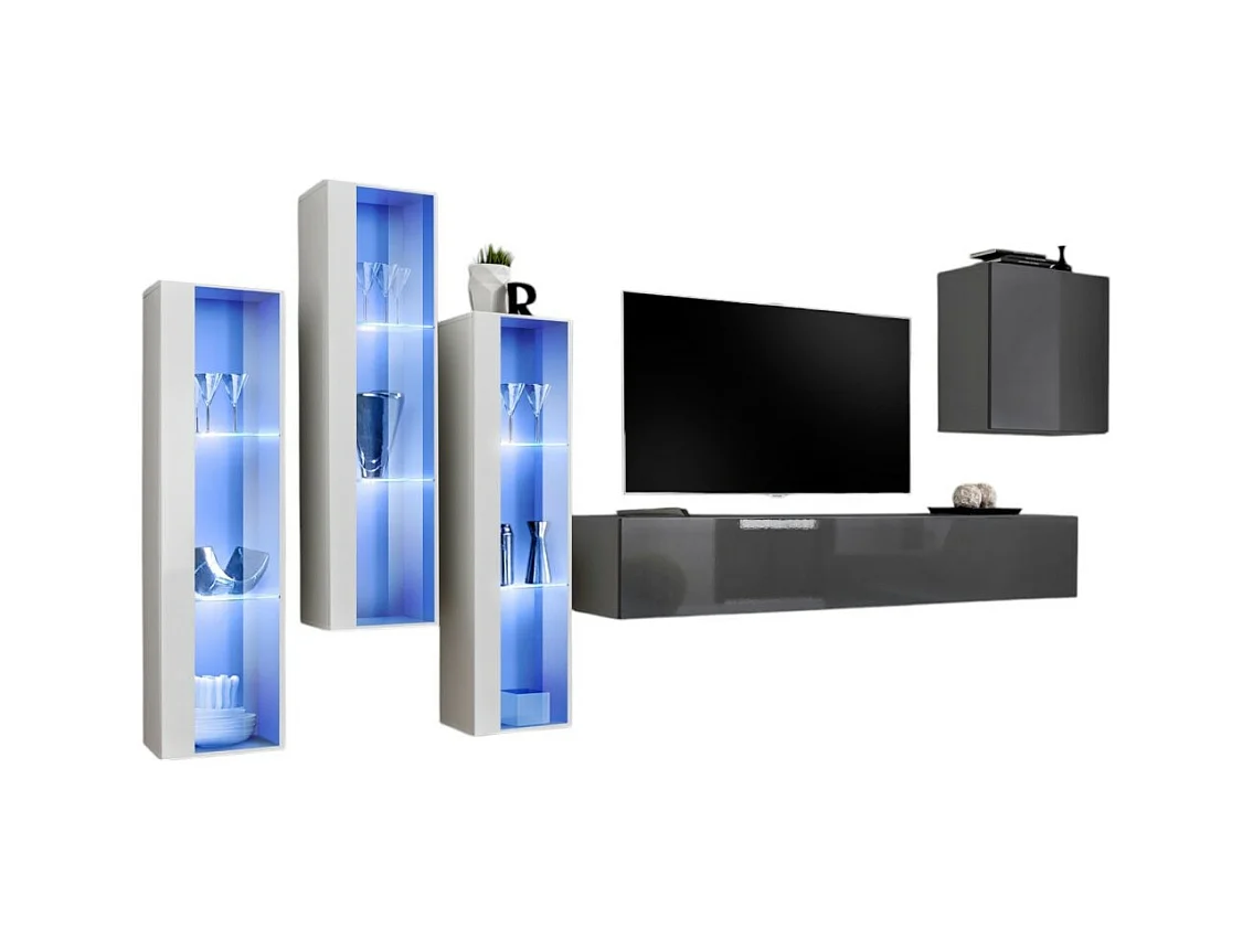 Conjunto de móveis de parede para sala SWITCH XIII, design, cor cinza brilhante e branco.