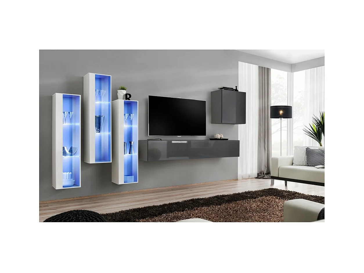 Conjunto de móveis de parede para sala SWITCH XIII, design, cor cinza brilhante e branco.
