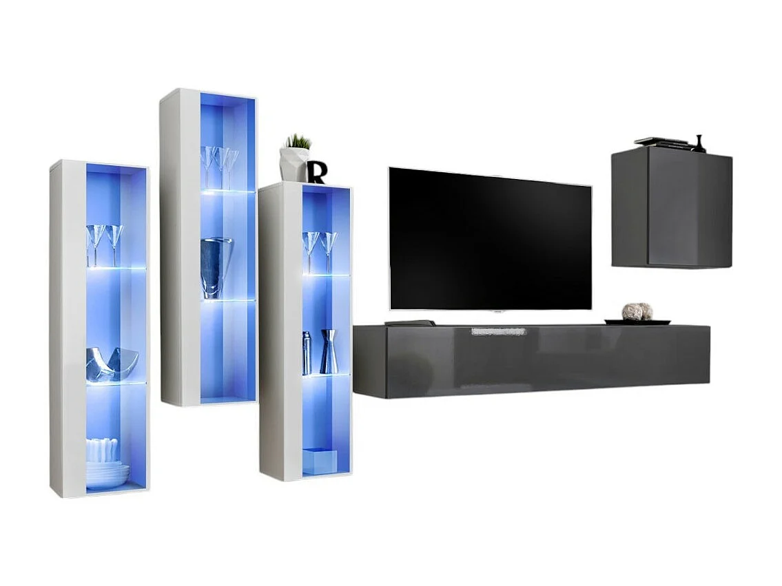 Wandmeubelset voor de woonkamer SWITCH XIII design, in glanzend grijs en wit.