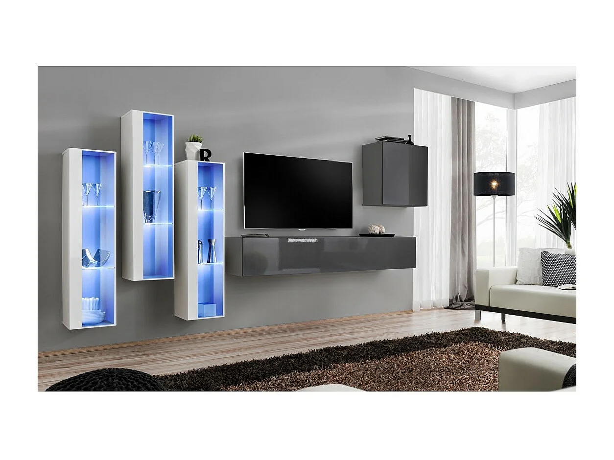 Wandmeubelset voor de woonkamer SWITCH XIII design, in glanzend grijs en wit.
