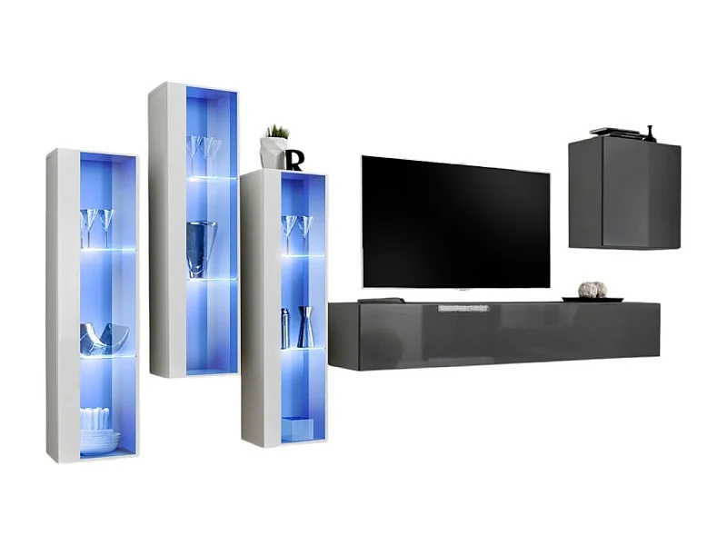 Wandmeubelset voor de woonkamer SWITCH XIII design, in glanzend grijs en wit.