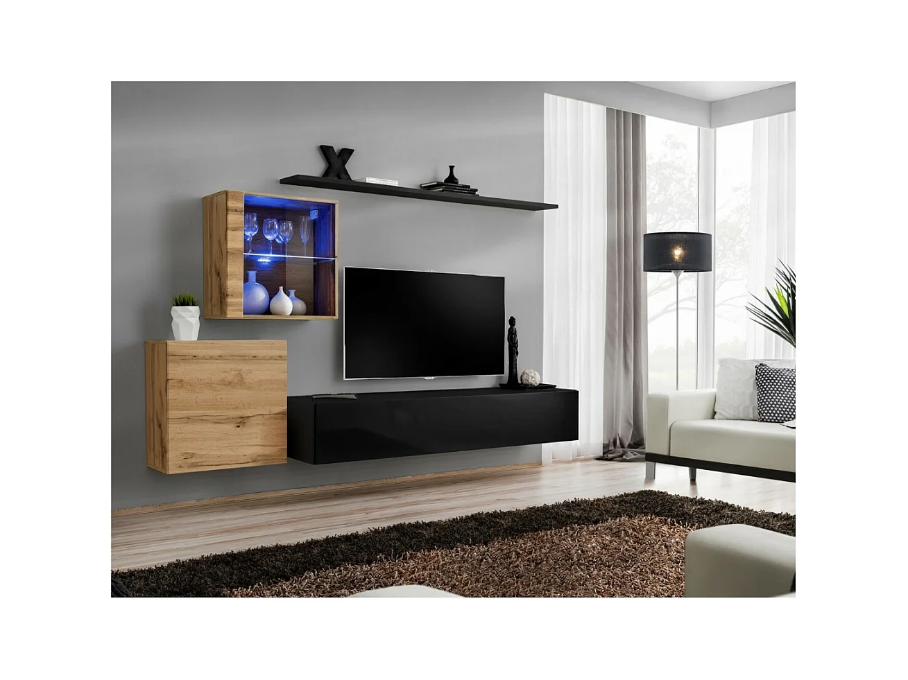 Conjunto de móveis de sala de estar mural SWITCH XV design, cor preto brilhante e carvalho Wotan.