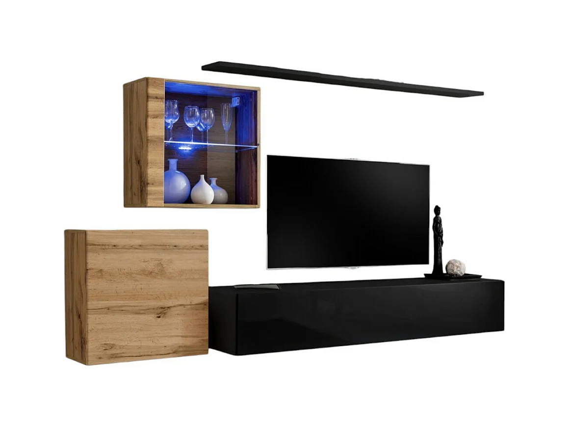 Ensemble meuble salon mural SWITCH XV design, coloris noir brillant et chêne Wotan.