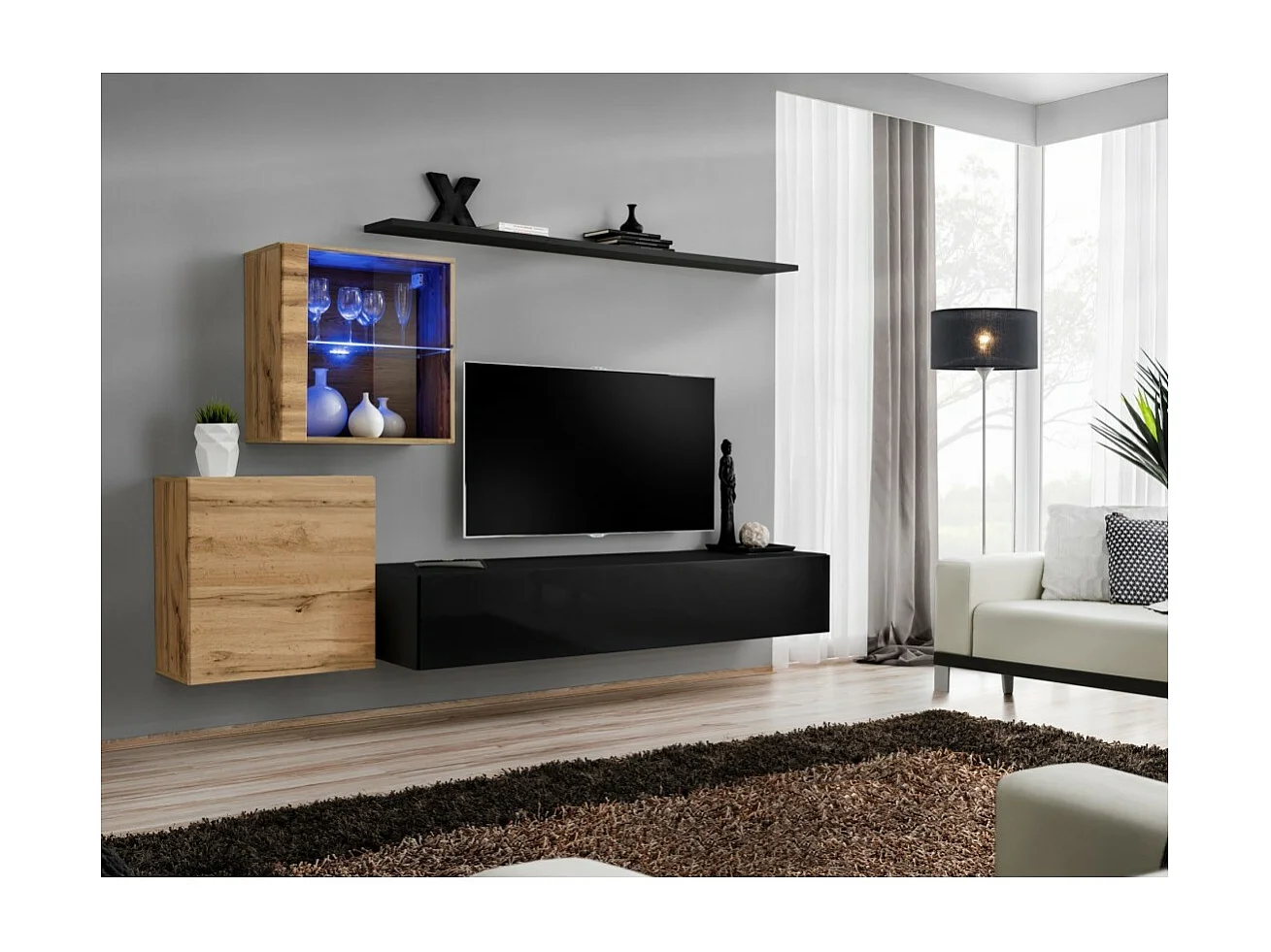 Ensemble meuble salon mural SWITCH XV design, coloris noir brillant et chêne Wotan.