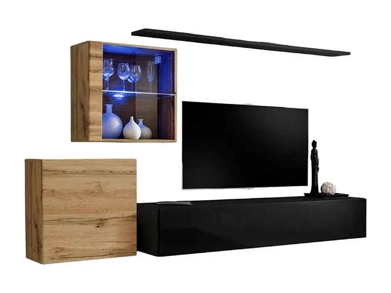 Wandmeubelset voor de woonkamer SWITCH XV design, in glanzend zwart en Wotan eiken kleur.