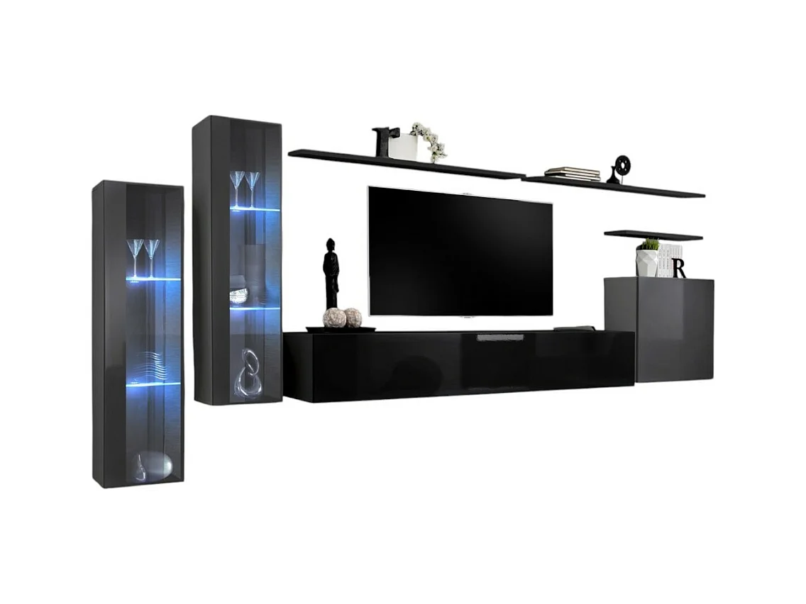 Ensemble meuble salon mural SWITCH XI design, coloris noir brillant et gris brillant.