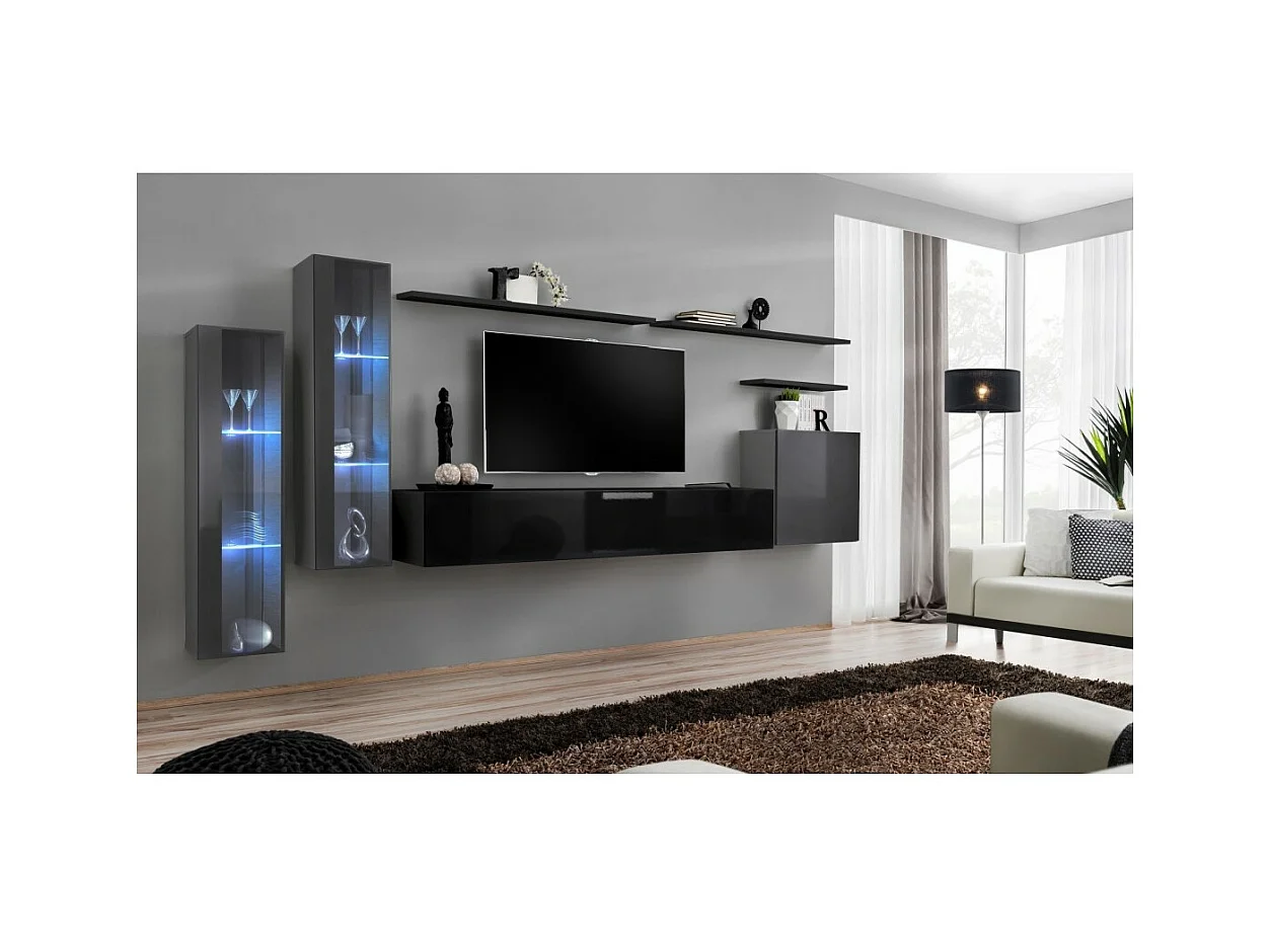 Conjunto de móveis de parede para sala de estar SWITCH XI, nas cores preto brilhante e cinza brilhante.
