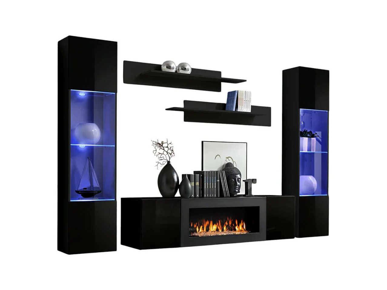 Set van hangende meubels met decoratieve open haard uit de FLY M3 collectie. Kleur zwart.