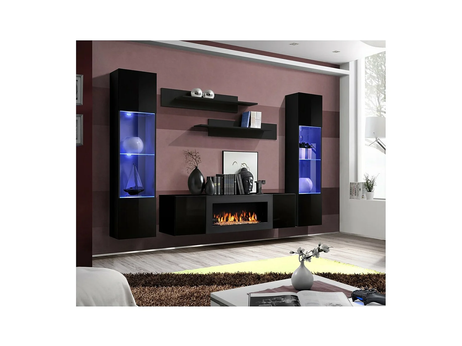 Set van hangende meubels met decoratieve open haard uit de FLY M3 collectie. Kleur zwart.