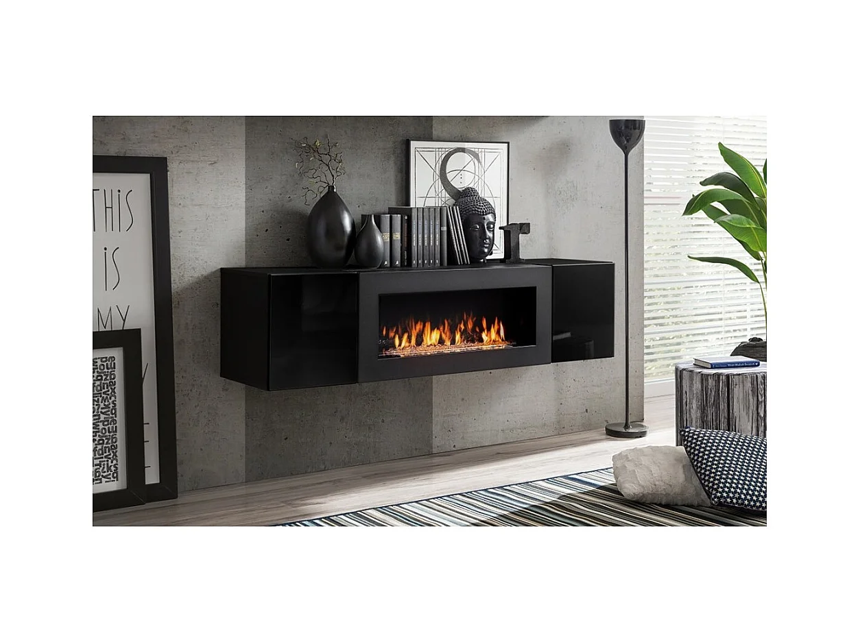 Set van hangende meubels met decoratieve open haard uit de FLY M3 collectie. Kleur zwart.