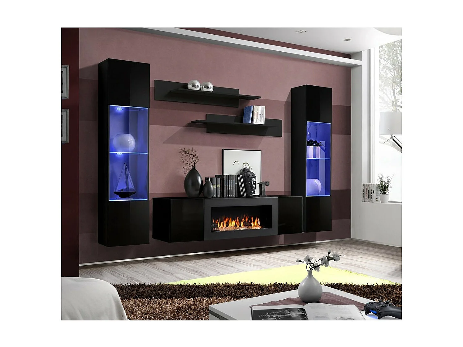 Hängende Möbelgarnitur mit dekorativem Kamin aus der Kollektion FLY M3. Farbe Schwarz.