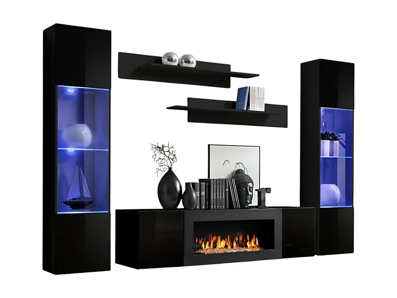 Ensemble de meubles suspendus avec cheminée décorative collection FLY M3. Coloris noir.