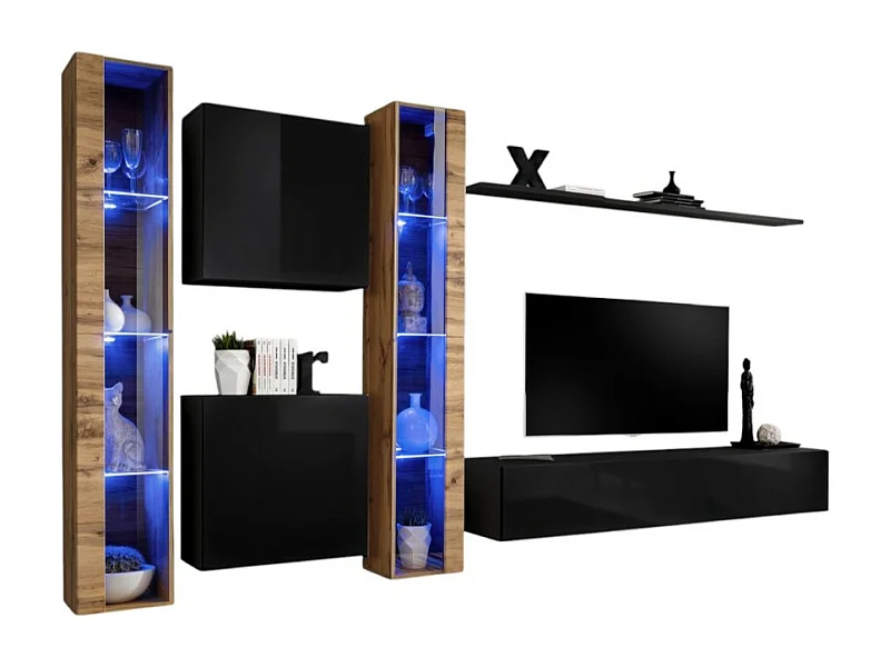 Wohnzimmerwand-Set SWITCH XVI im Designerstil, in glänzendem Schwarz und Wotan-Eiche.