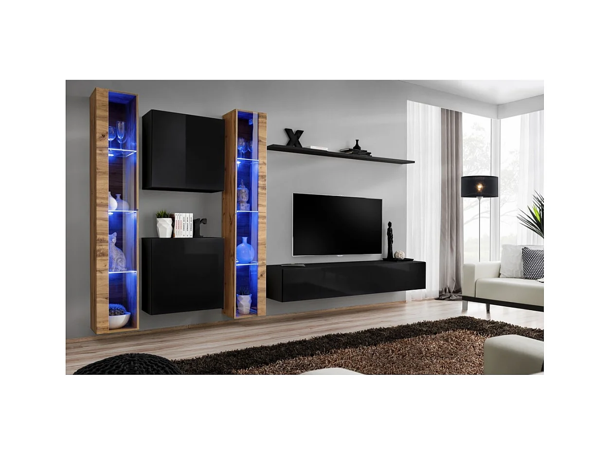 Wohnzimmerwand-Set SWITCH XVI im Designerstil, in glänzendem Schwarz und Wotan-Eiche.