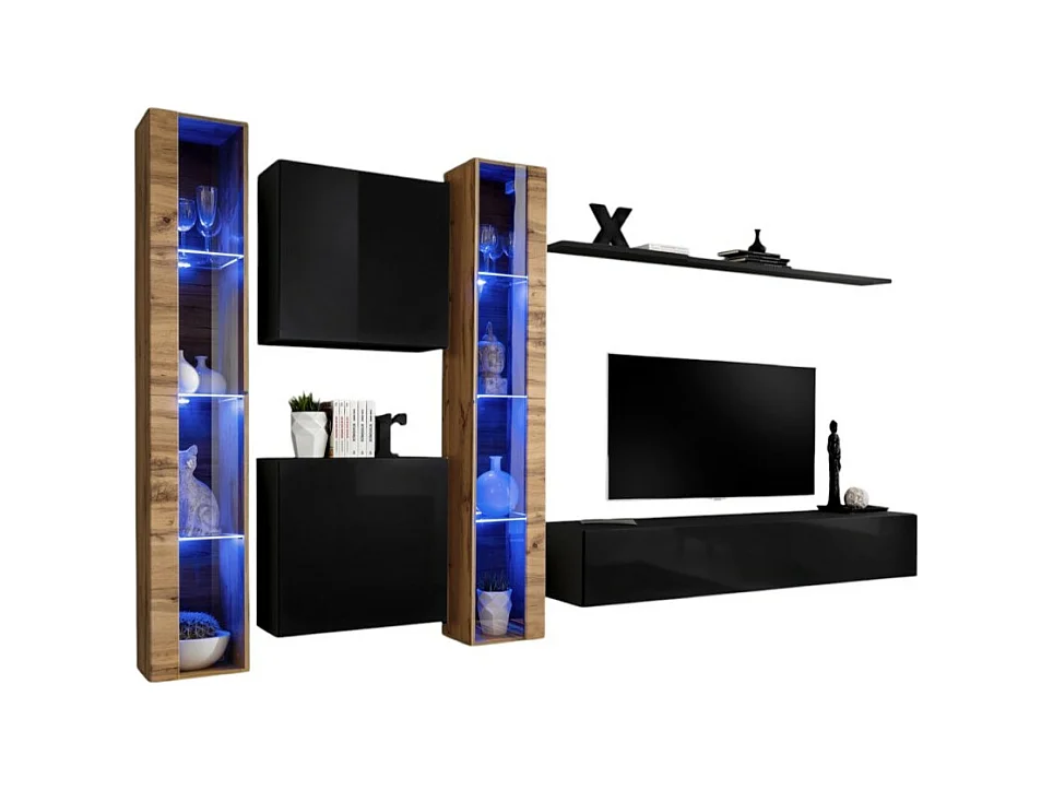 Ensemble meuble salon mural SWITCH XVI design, coloris noir brillant et chêne Wotan.