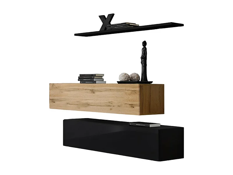 Ensemble meubles de salon SWITCH SBII design, coloris noir brillant et chêne Wotan.