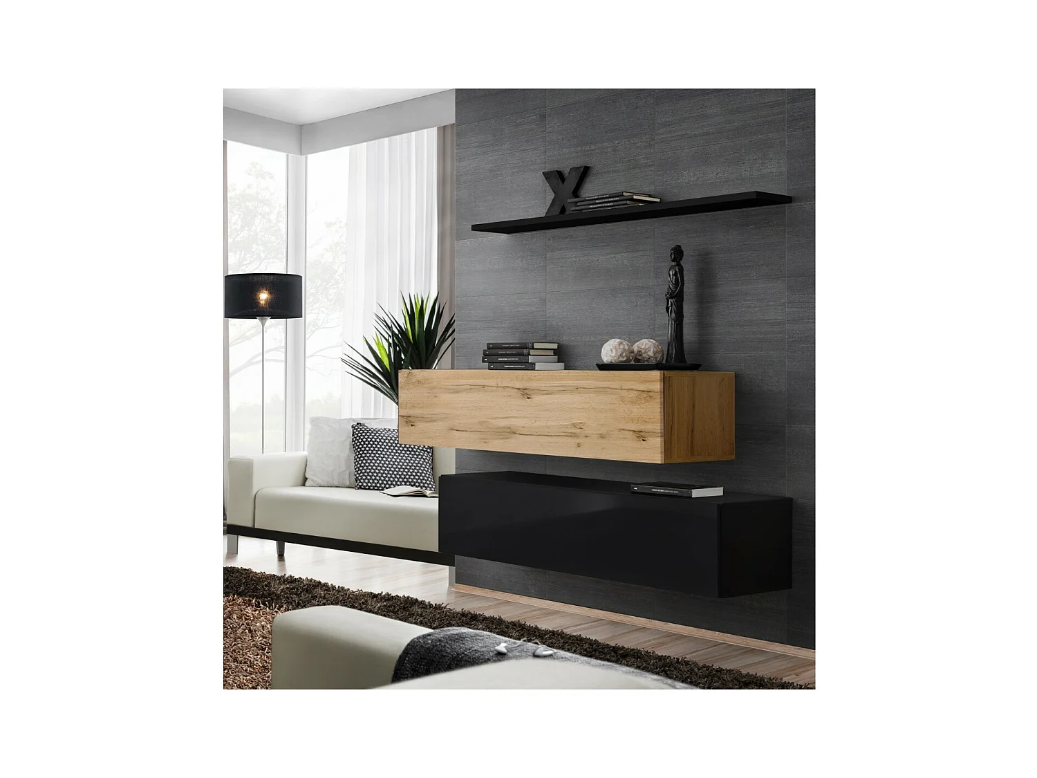 Woonkamermeubelset SWITCH SBII design, in glanzend zwart en Wotan eiken kleur.