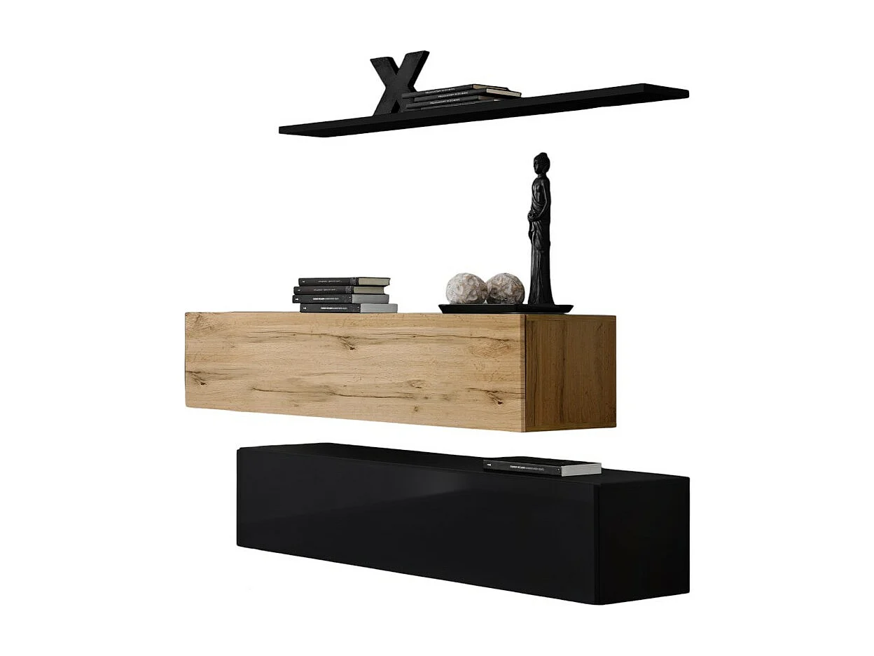 Ensemble meubles de salon SWITCH SBII design, coloris noir brillant et chêne Wotan.