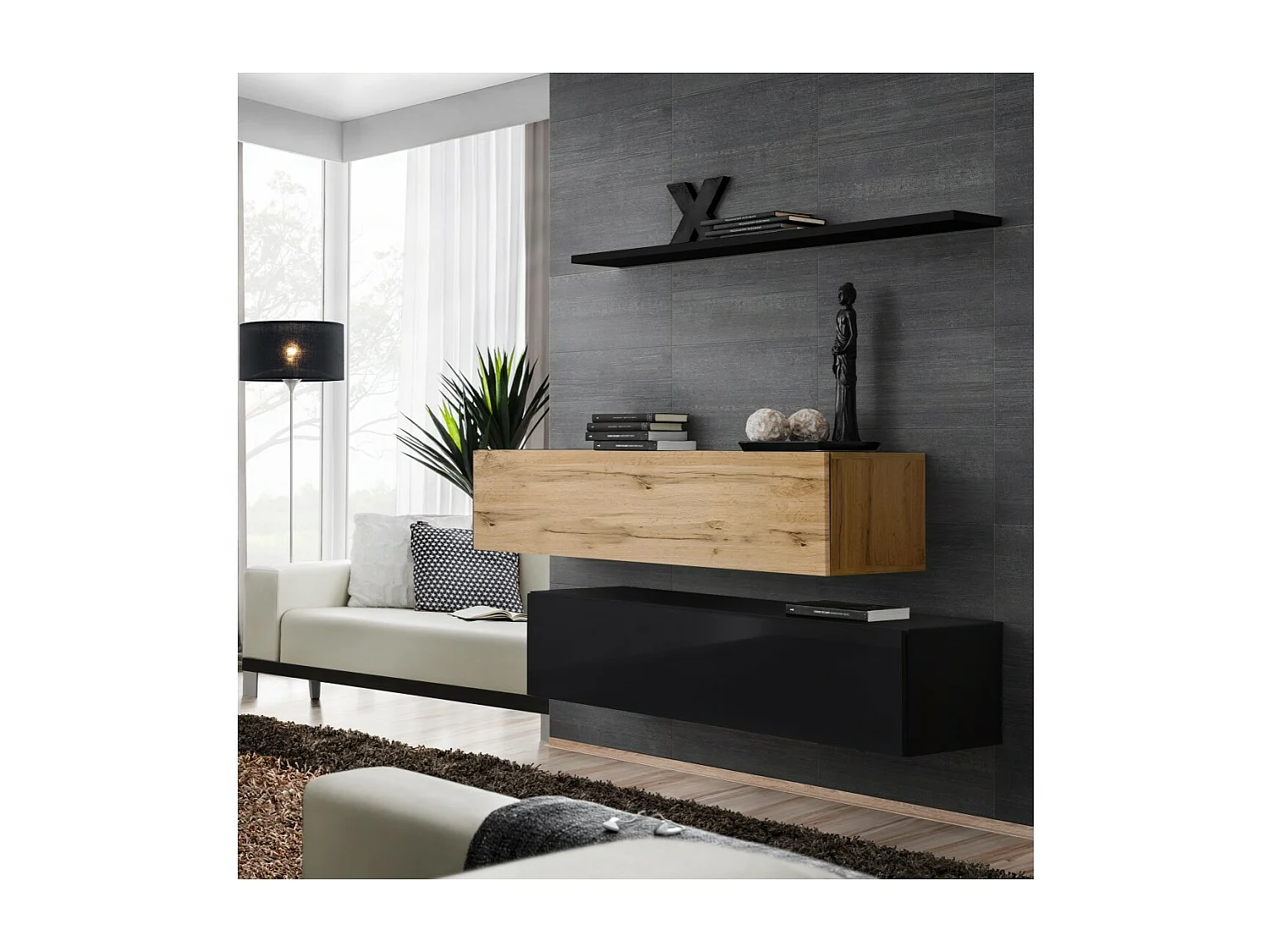 Ensemble meubles de salon SWITCH SBII design, coloris noir brillant et chêne Wotan.