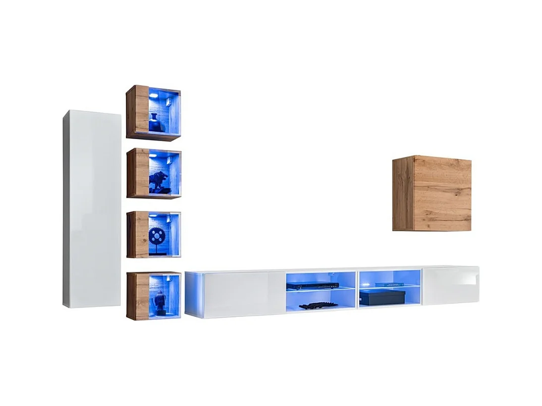 Ensemble meubles de salon SWITCH XXVI design, coloris blanc et chêne.