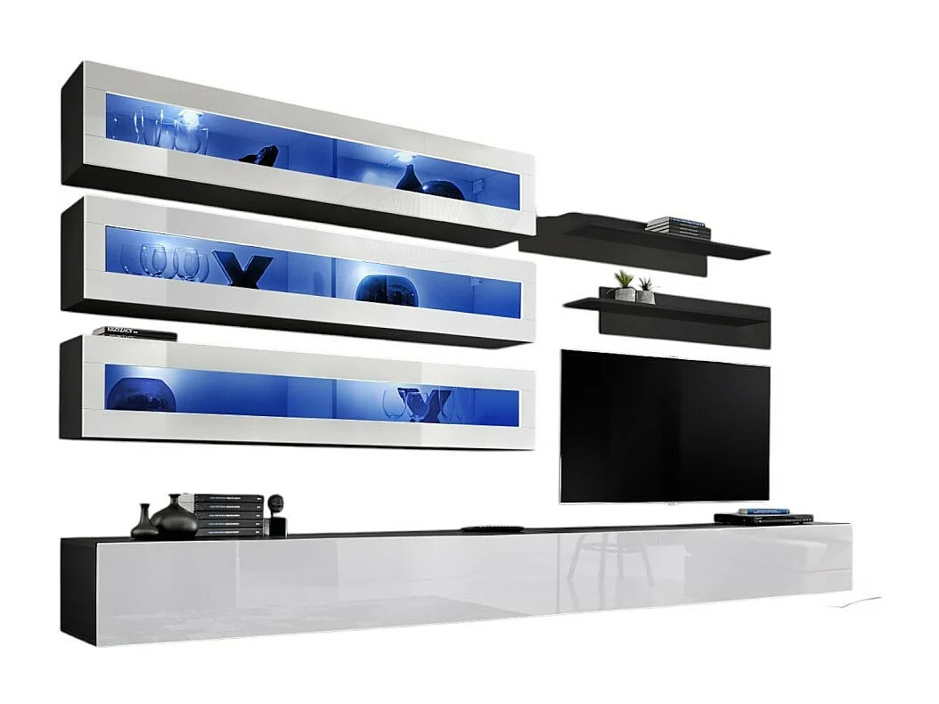 Set von hängenden Möbeln mit LED, Kollektion FLY J2. Farben Schwarz und Weiß.