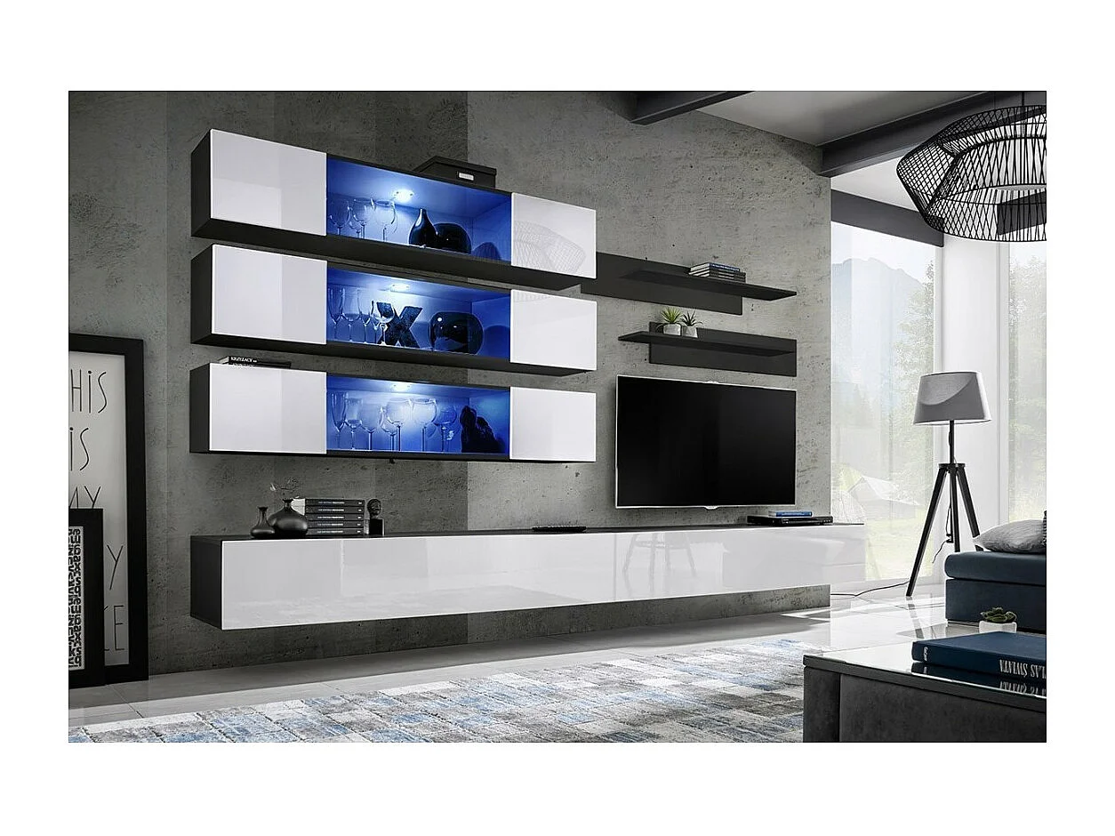 Set von hängenden Möbeln mit LED, Kollektion FLY J2. Farben Schwarz und Weiß.