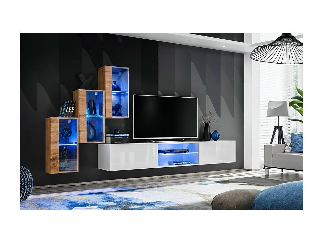 Conjunto de móveis para sala de estar SWITCH XXII, design em carvalho e branco.