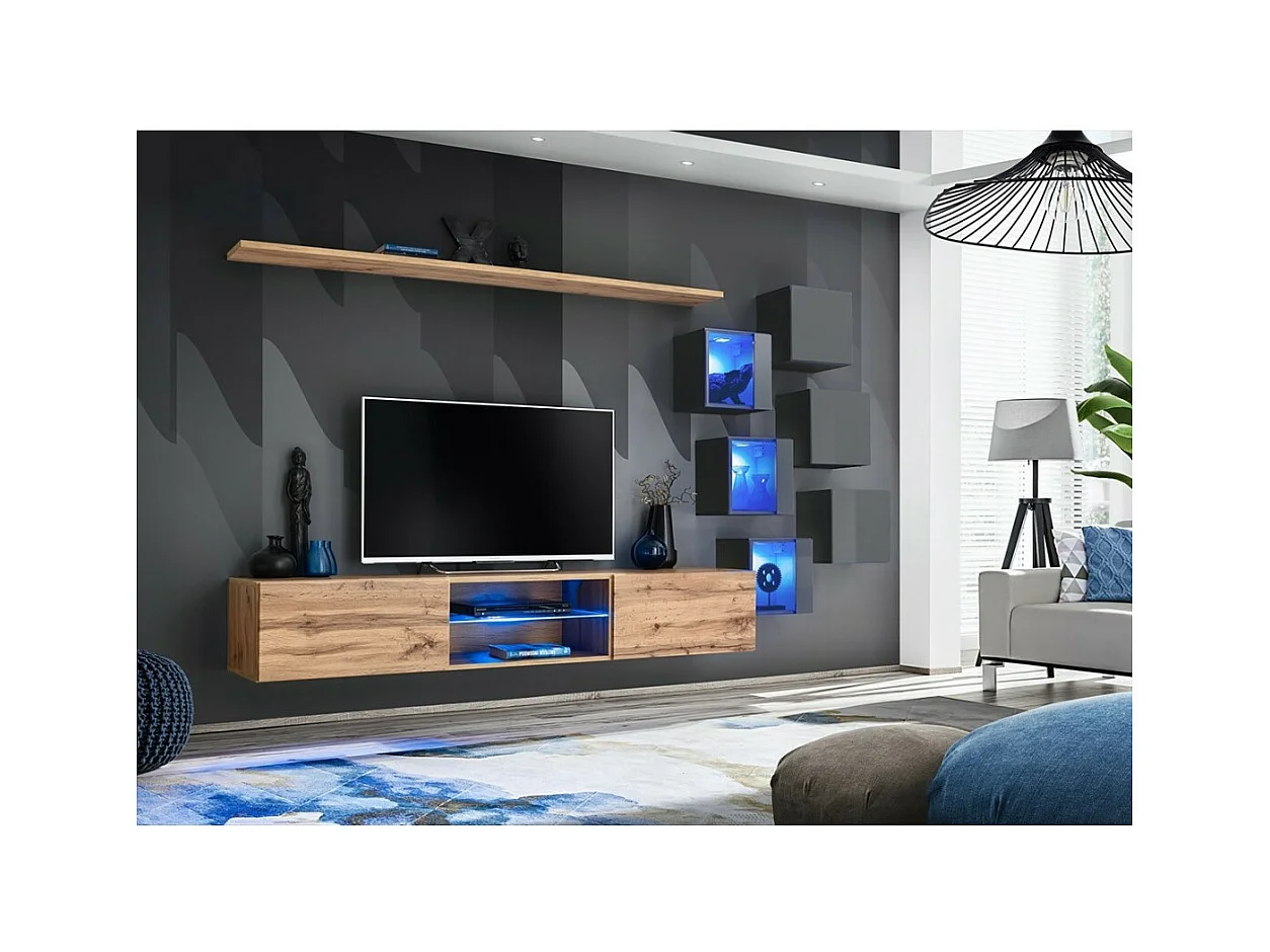 Conjunto de móveis para sala de estar SWITCH XXI design, nas cores carvalho e cinza.