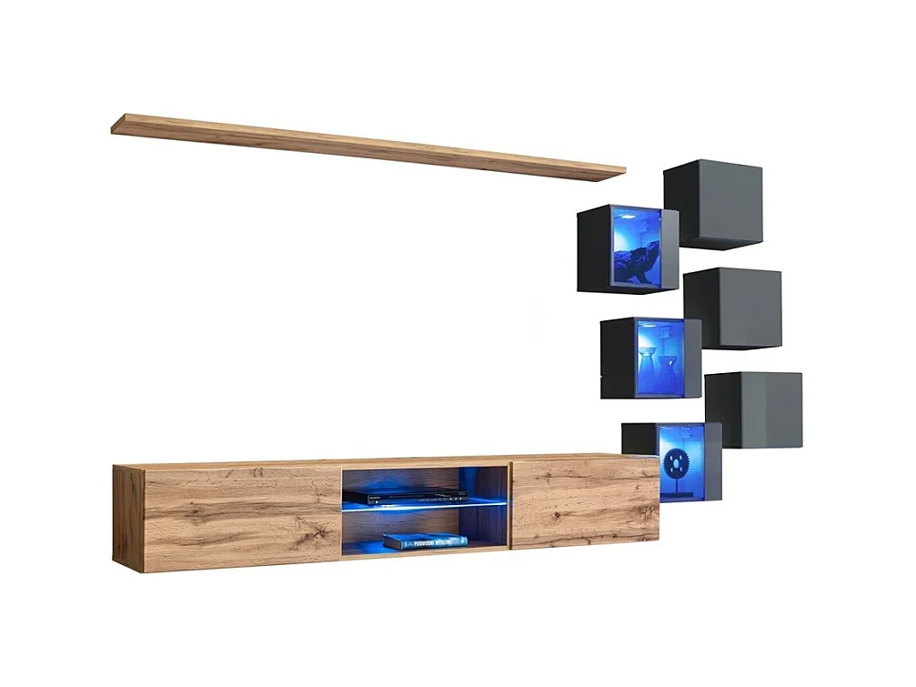 Conjunto de móveis para sala de estar SWITCH XXI design, nas cores carvalho e cinza.