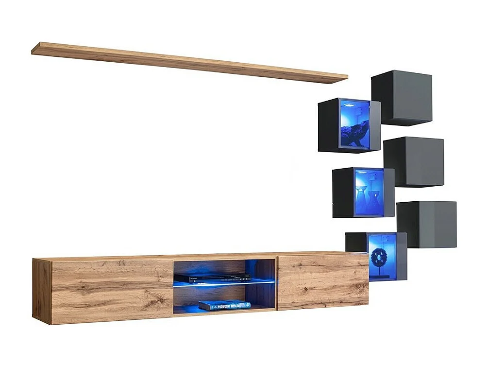 Ensemble meubles de salon SWITCH XXI design, coloris chêne et gris.