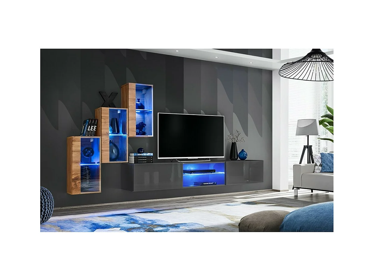 Ensemble meubles de salon SWITCH XXII design, coloris chêne et gris.