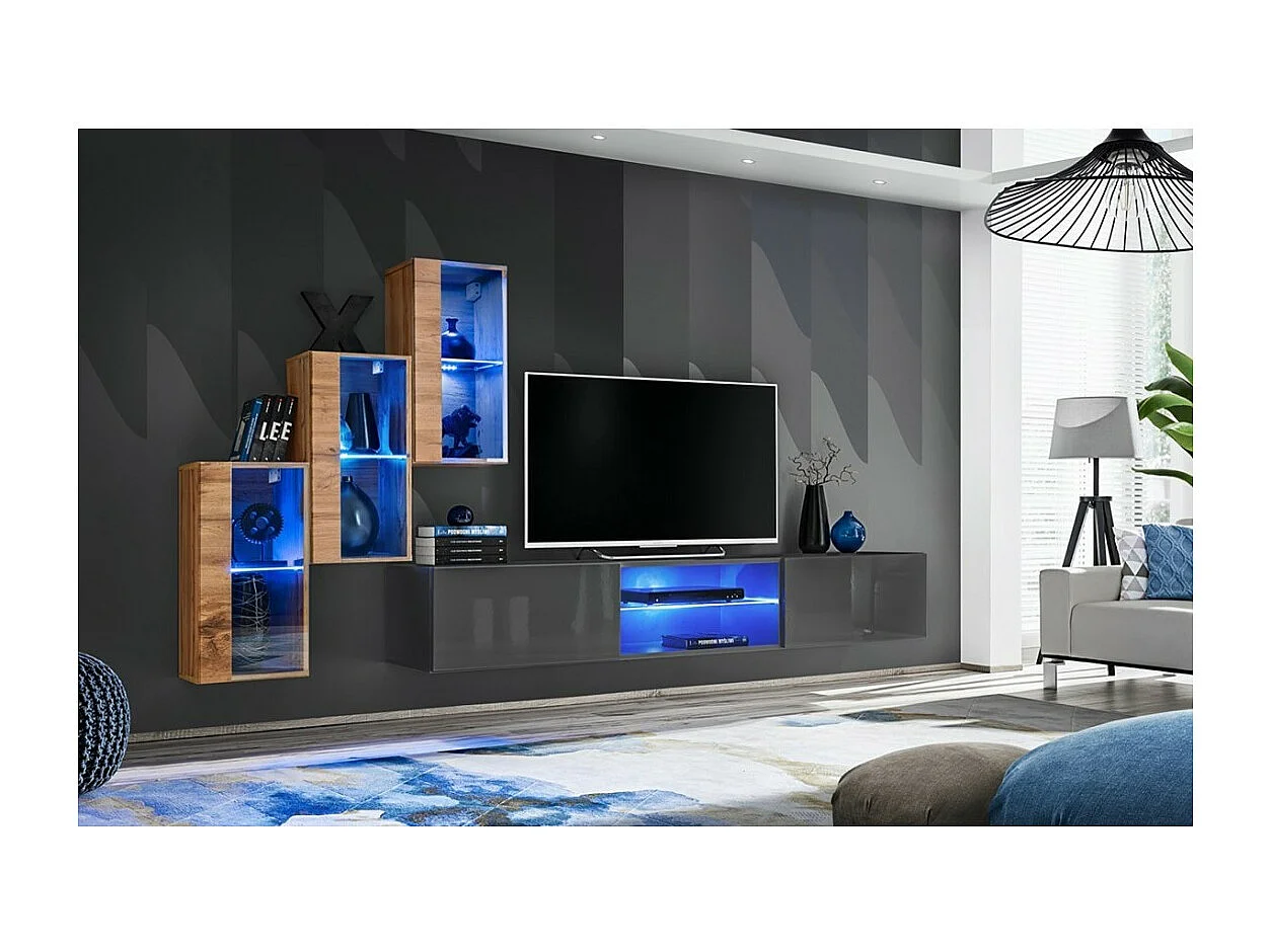 Conjunto de móveis para sala de estar SWITCH XXII, design em cor de carvalho e cinza.