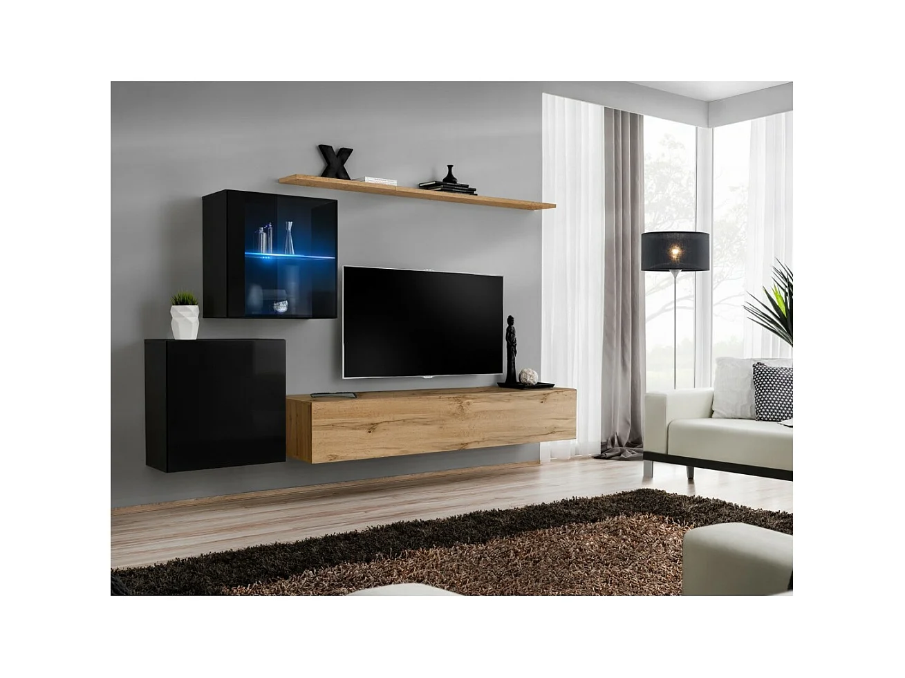 Conjunto de móveis de parede para sala de estar SWITCH XV design, cor carvalho Wotan e preto brilhante.