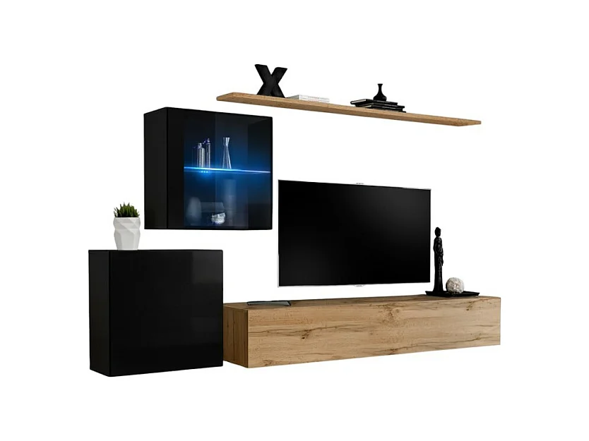 Ensemble meuble salon mural SWITCH XV design, coloris chêne Wotan et noir brillant.