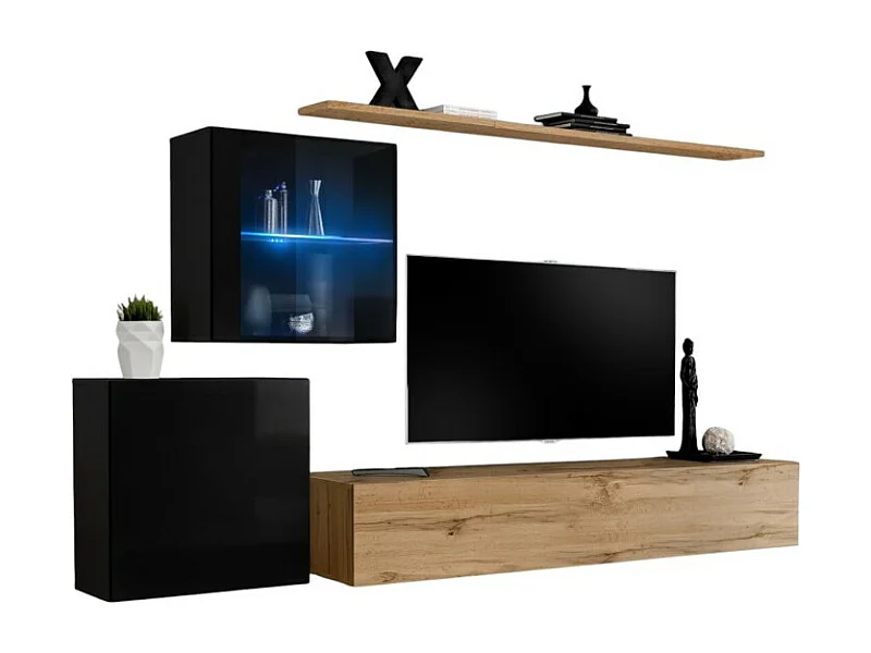 Ensemble meuble salon mural SWITCH XV design, coloris chêne Wotan et noir brillant.