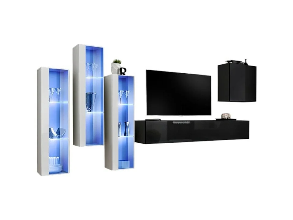 Ensemble meuble salon mural SWITCH XIII design, coloris noir brillant et blanc.