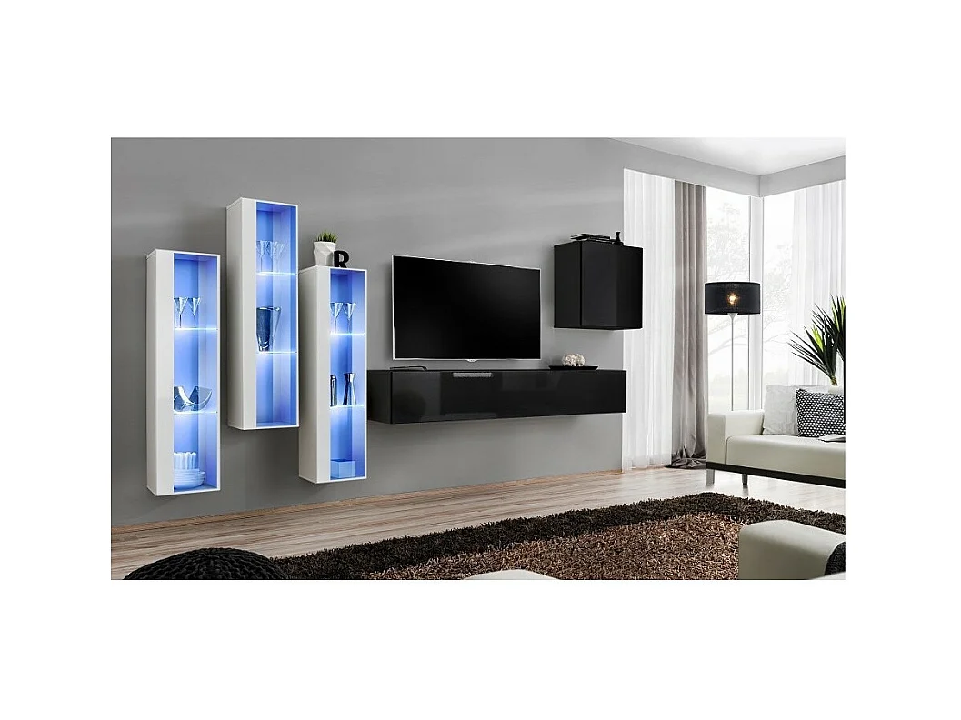 Conjunto de móveis para sala de estar SWITCH XIII design, nas cores preto brilhante e branco.