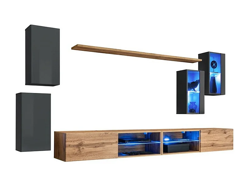 Möbelset für das Wohnzimmer SWITCH XXV – LED – Grau und Eiche – Hängendes Design