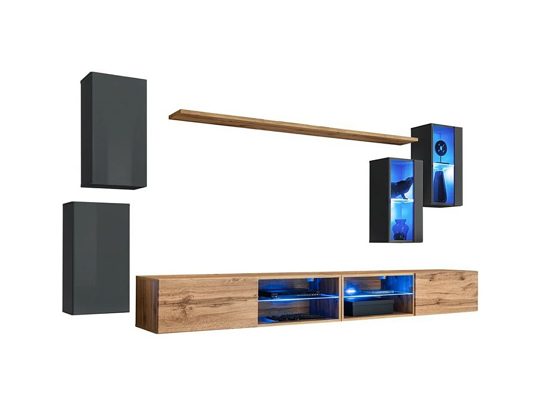 Möbelset für das Wohnzimmer SWITCH XXV – LED – Grau und Eiche – Hängendes Design