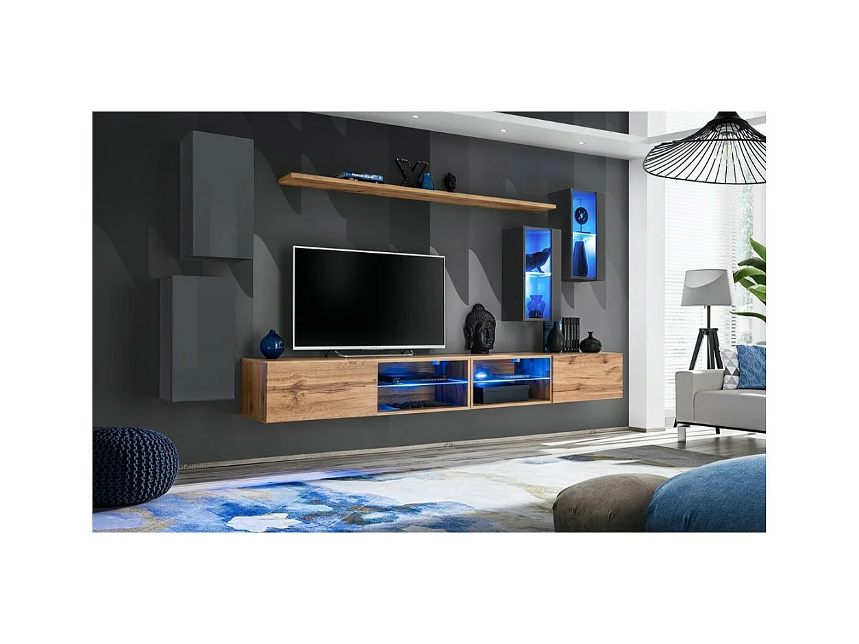 Möbelset für das Wohnzimmer SWITCH XXV – LED – Grau und Eiche – Hängendes Design