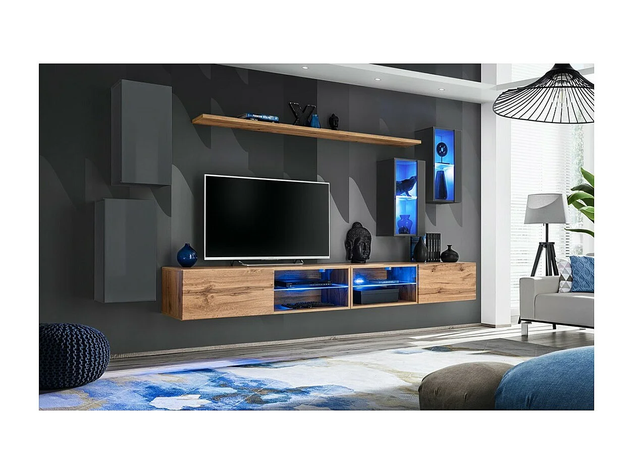 Set woonkamermeubels SWITCH XXV – LED – Grijs en Eiken – Zwevend ontwerp