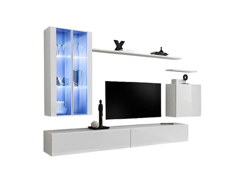 Ensemble meuble salon mural SWITCH XII design, coloris blanc brillant.