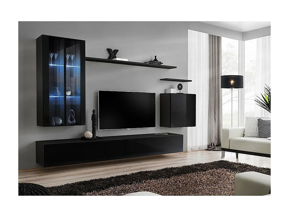 Ensemble meuble salon mural SWITCH XII design, coloris noir brillant.